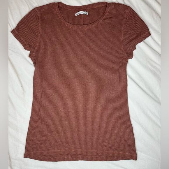 Abercrombie & Fitch Ribbed Scoop Neck Tee Women’s Large Brown Stretch Top - Picture 1 of 6